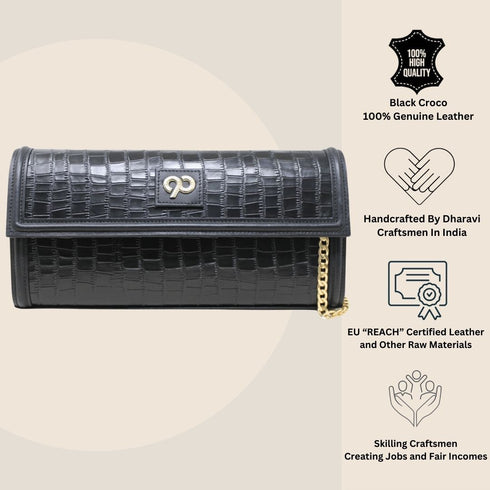 90 Feet Kaya Clutch Bag in Premium Genuine Leather (Black)